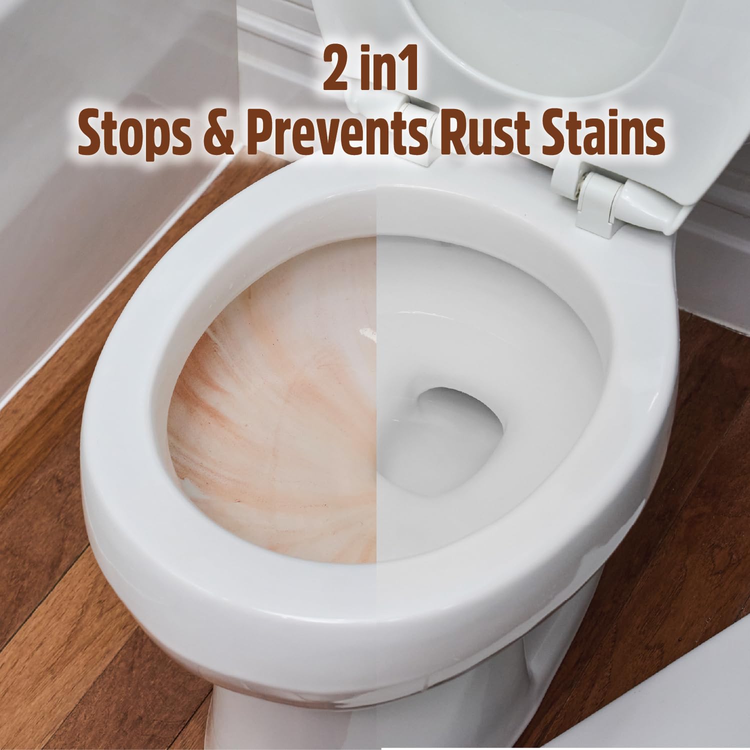 Toilet bowl with RustGuard cleaner demonstrating stain-removal action.