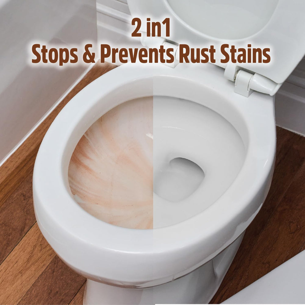 Toilet bowl with RustGuard cleaner demonstrating stain-removal action.