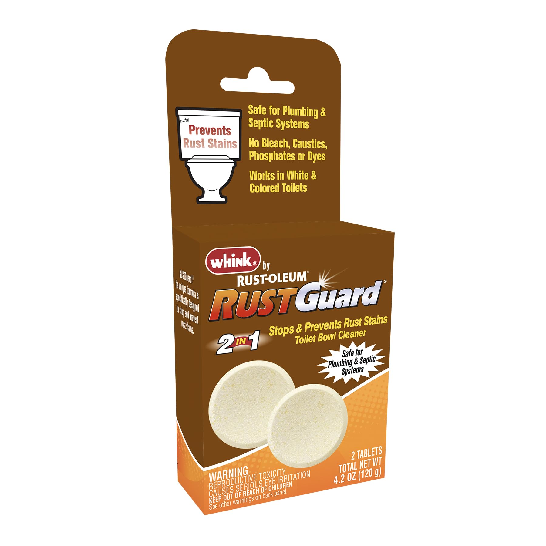 Rust-Oleum RustGuard tablets in box front for rust prevention with every flush.