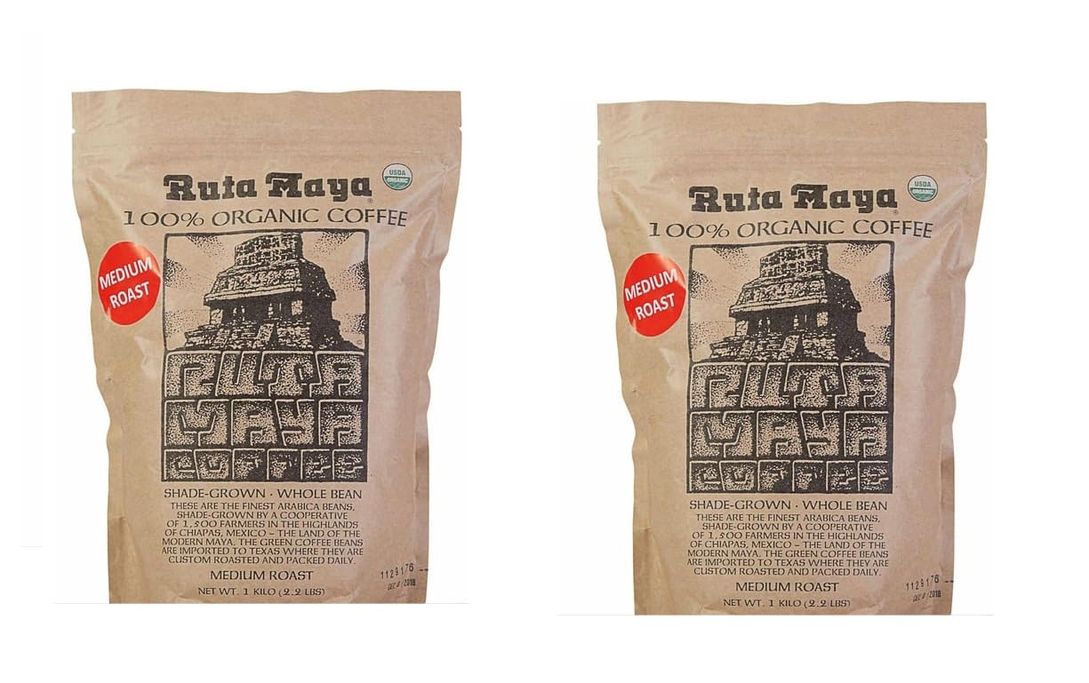 Ruta Maya Organic Medium Roast whole-bean bags ready for fresh grind and rich brew.