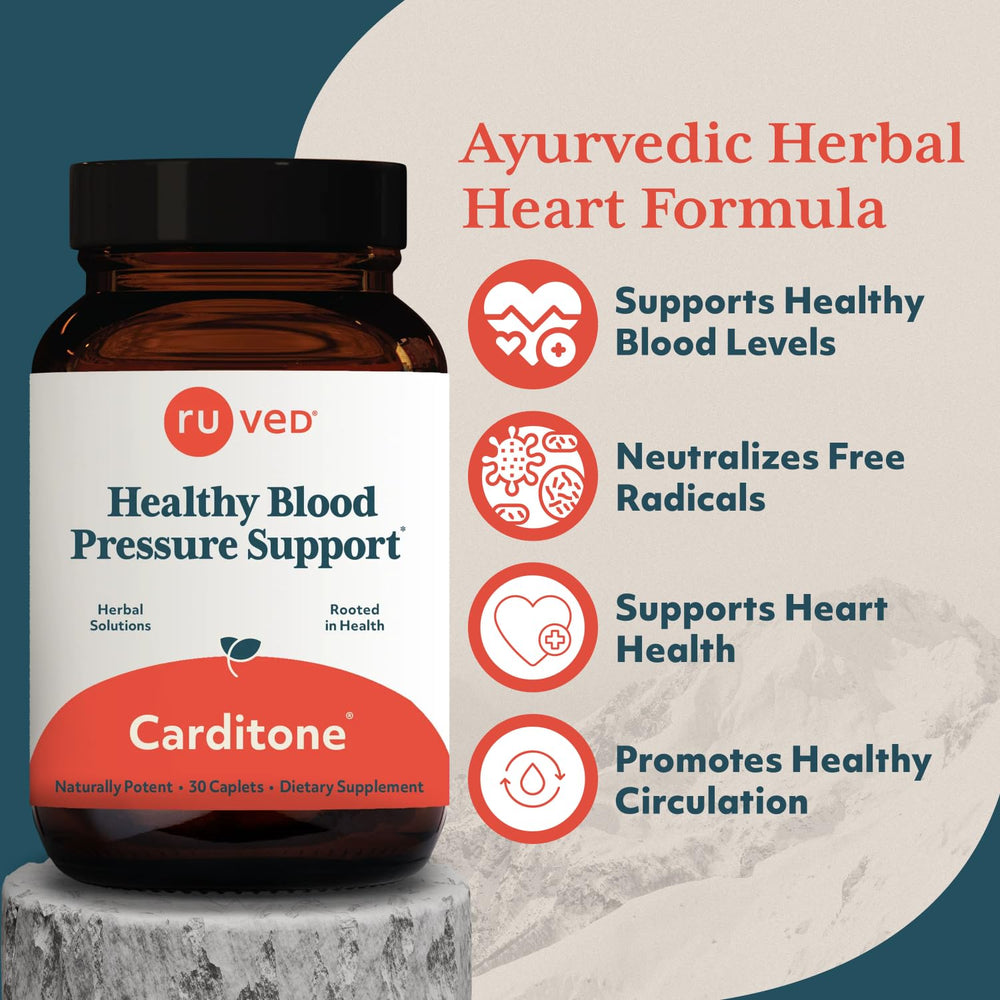 Ruved Carditone caplets close-up showcasing herbal blend for heart vitality.