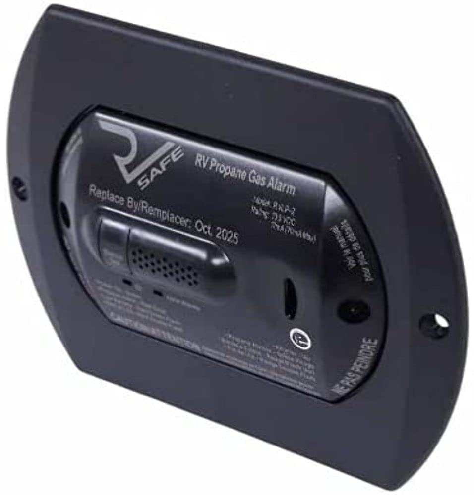 RV Safe RVLP-2B propane alarm front view shows compact wall-mount design.