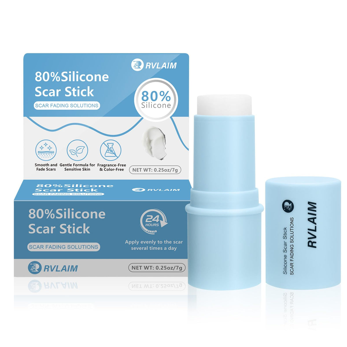 Rvlaim Silicone Scar Stick packaging shows compact 7 g tube for on-the-go care