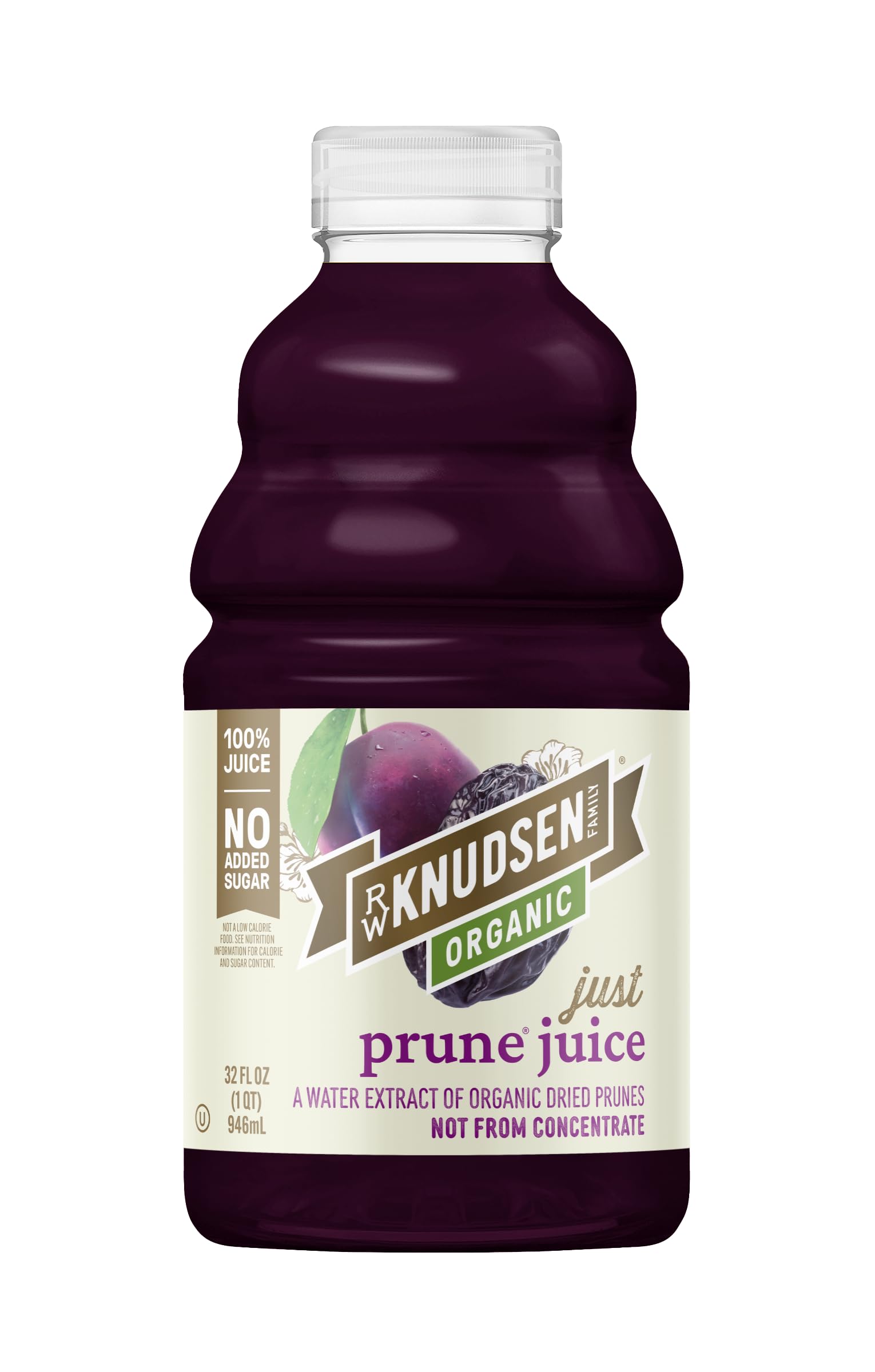 RW Knudsen Organic Just Prune Juice bottle, 32 oz, highlighting no added sugar.