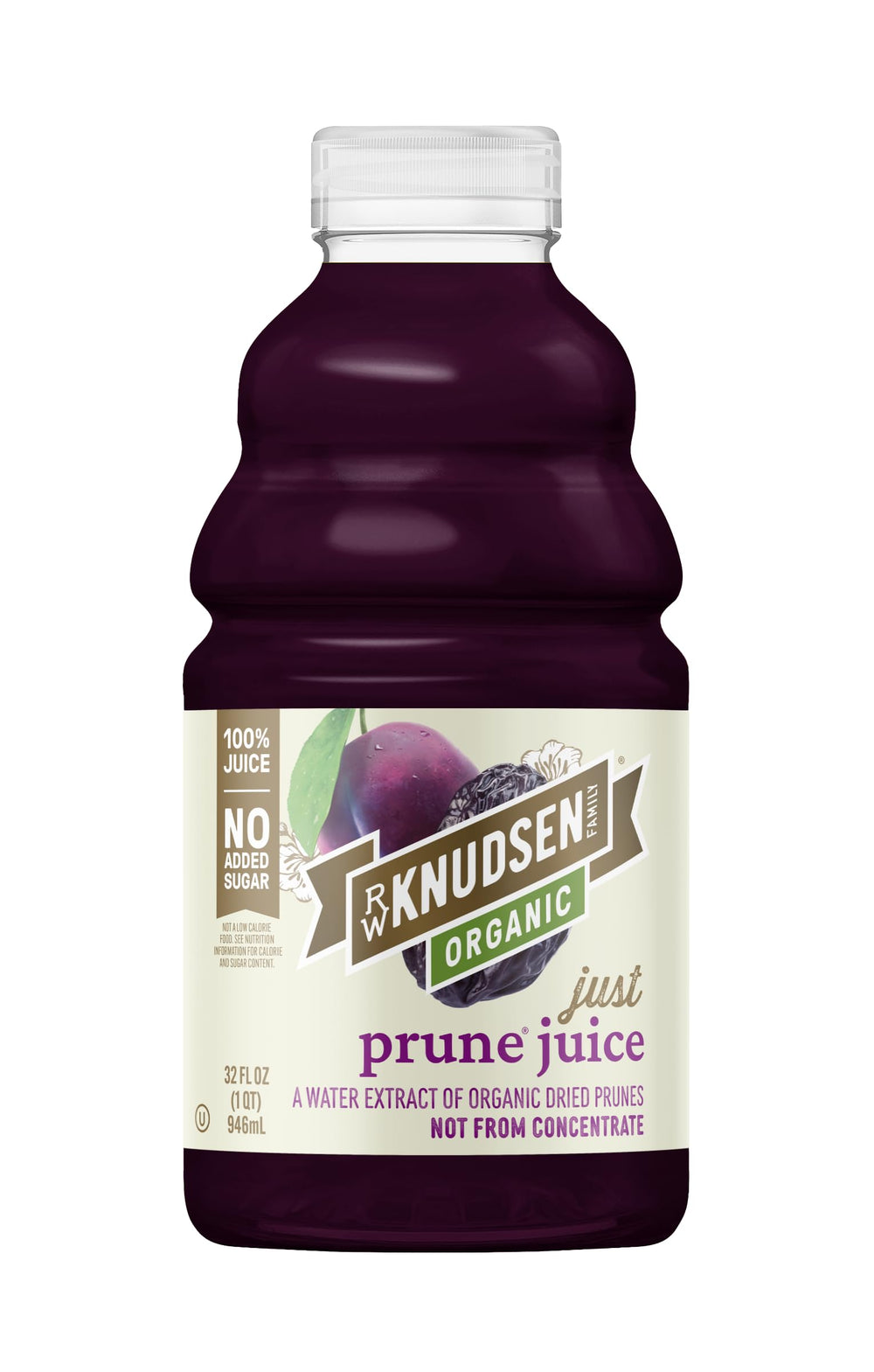 RW Knudsen Organic Just Prune Juice bottle, 32 oz, highlighting no added sugar.