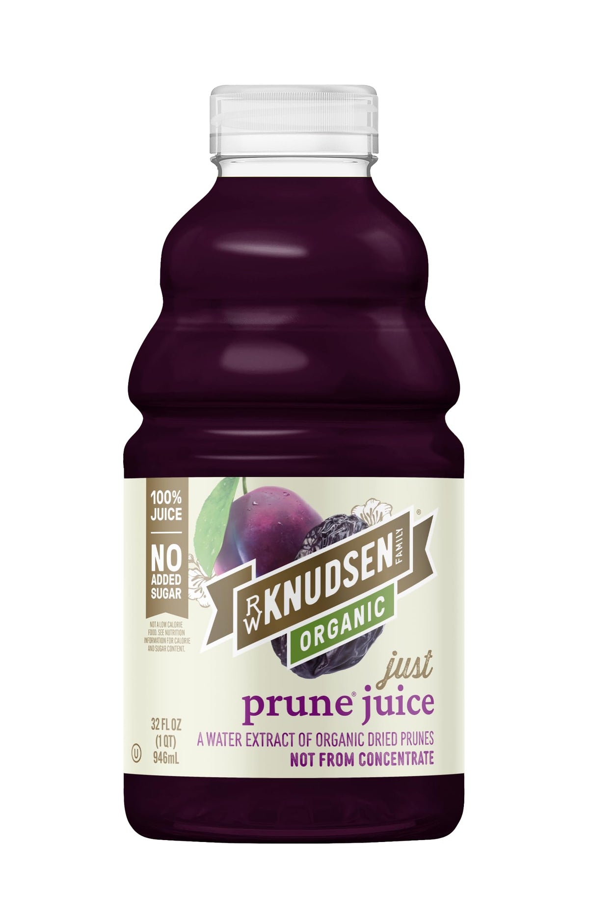 RW Knudsen Organic Just Prune Juice bottle, 32 oz, highlighting no added sugar.