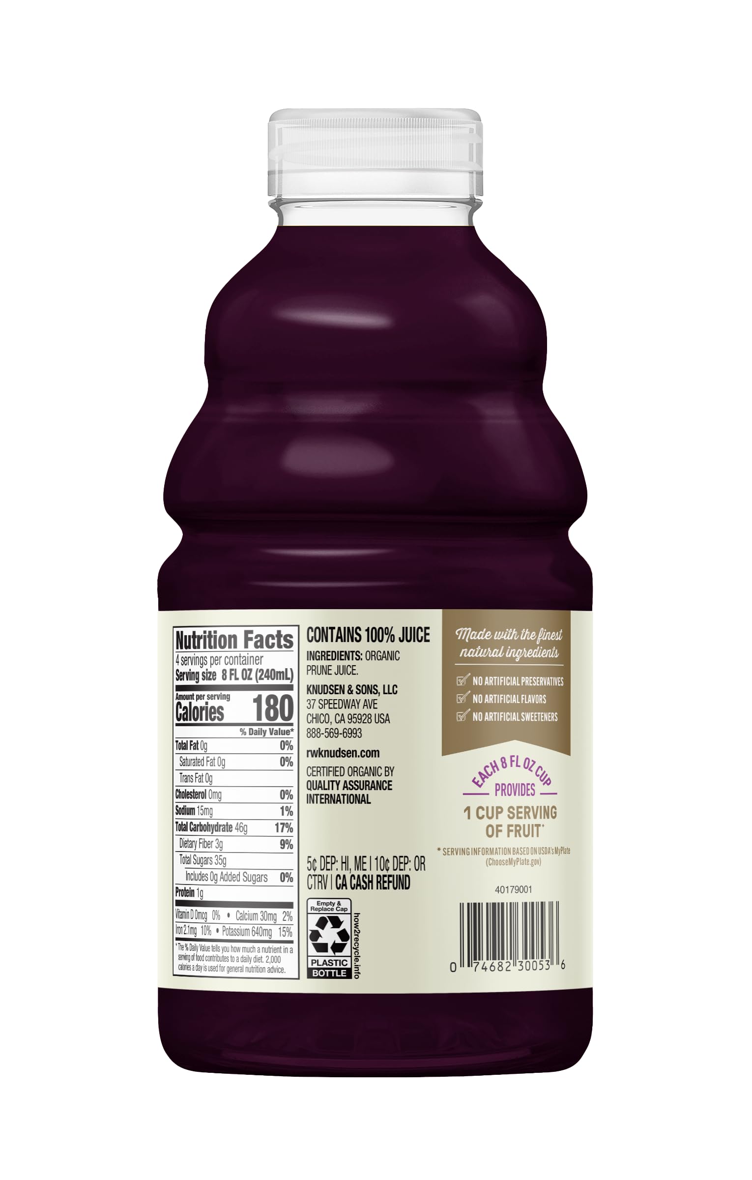 RW Knudsen Organic Just Prune Juice being poured, ideal for everyday refreshment.