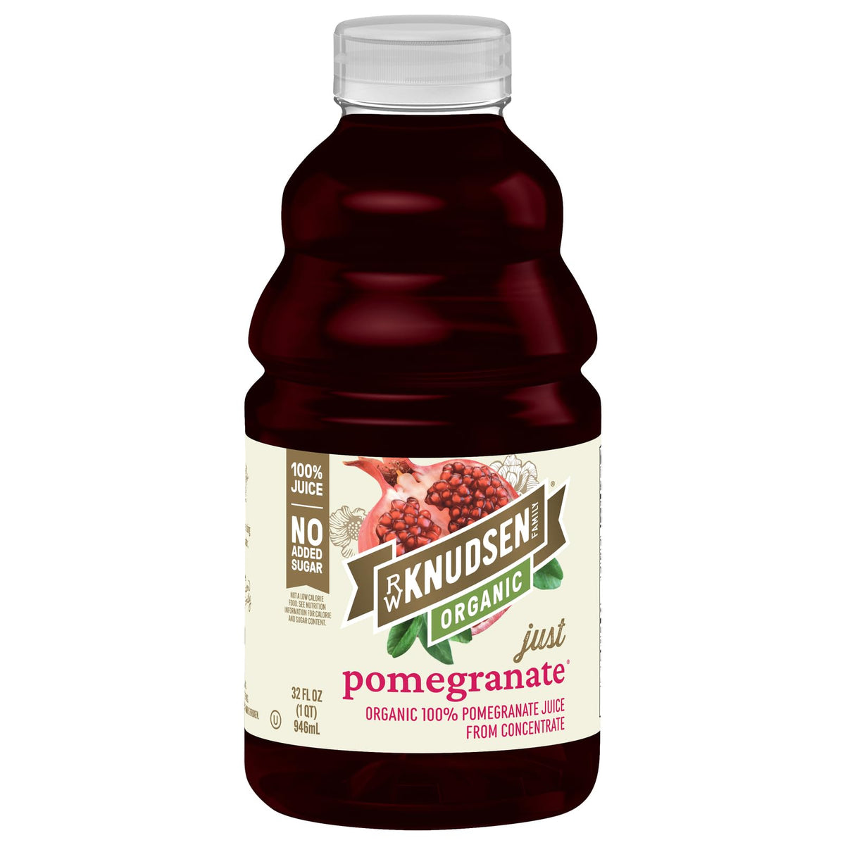 R.W. Knudsen Organic Pomegranate Juice bottle with crisp flavor.