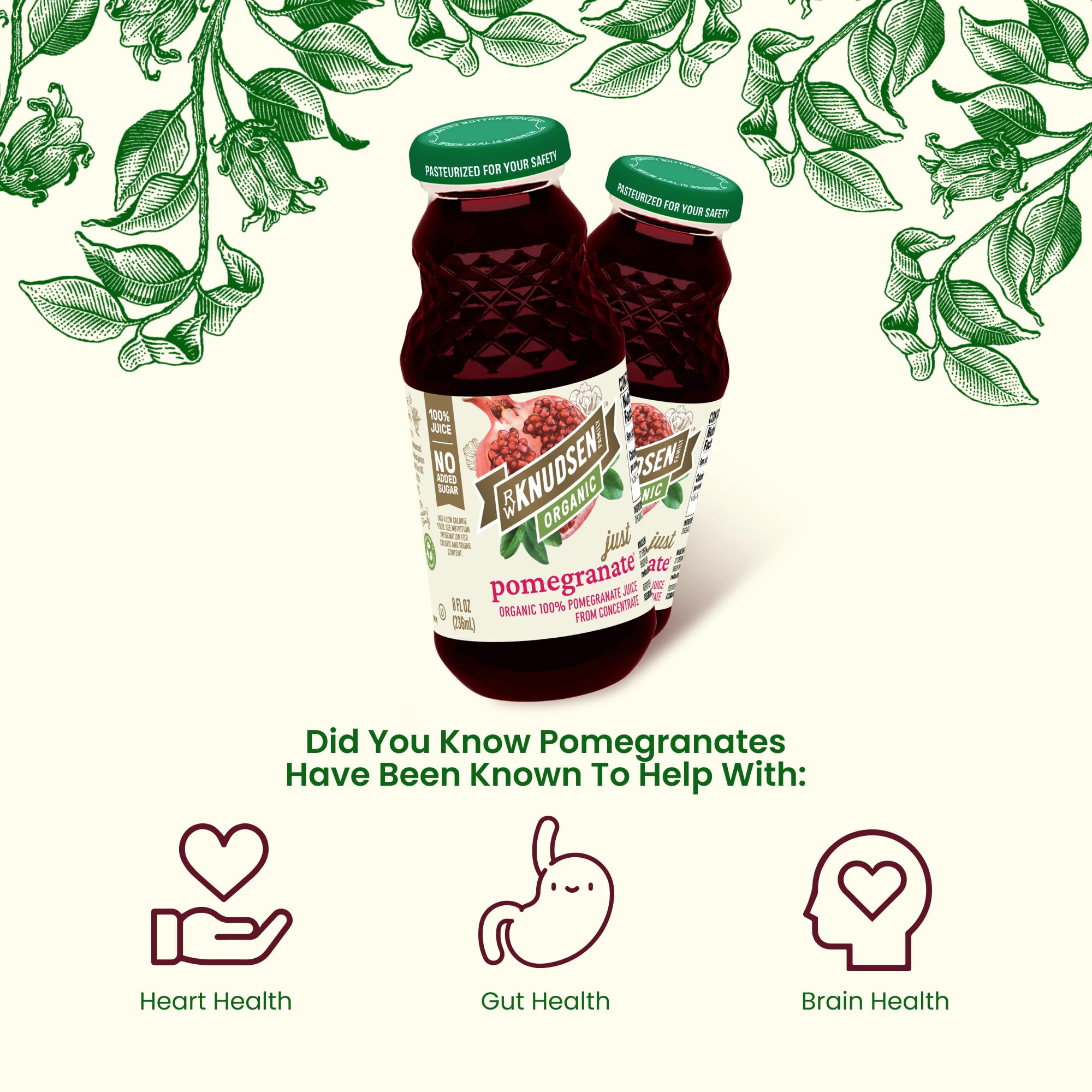 Close-up of the R.W. Knudsen Organic Pomegranate Juice label highlighting organic and Non-GMO claims.