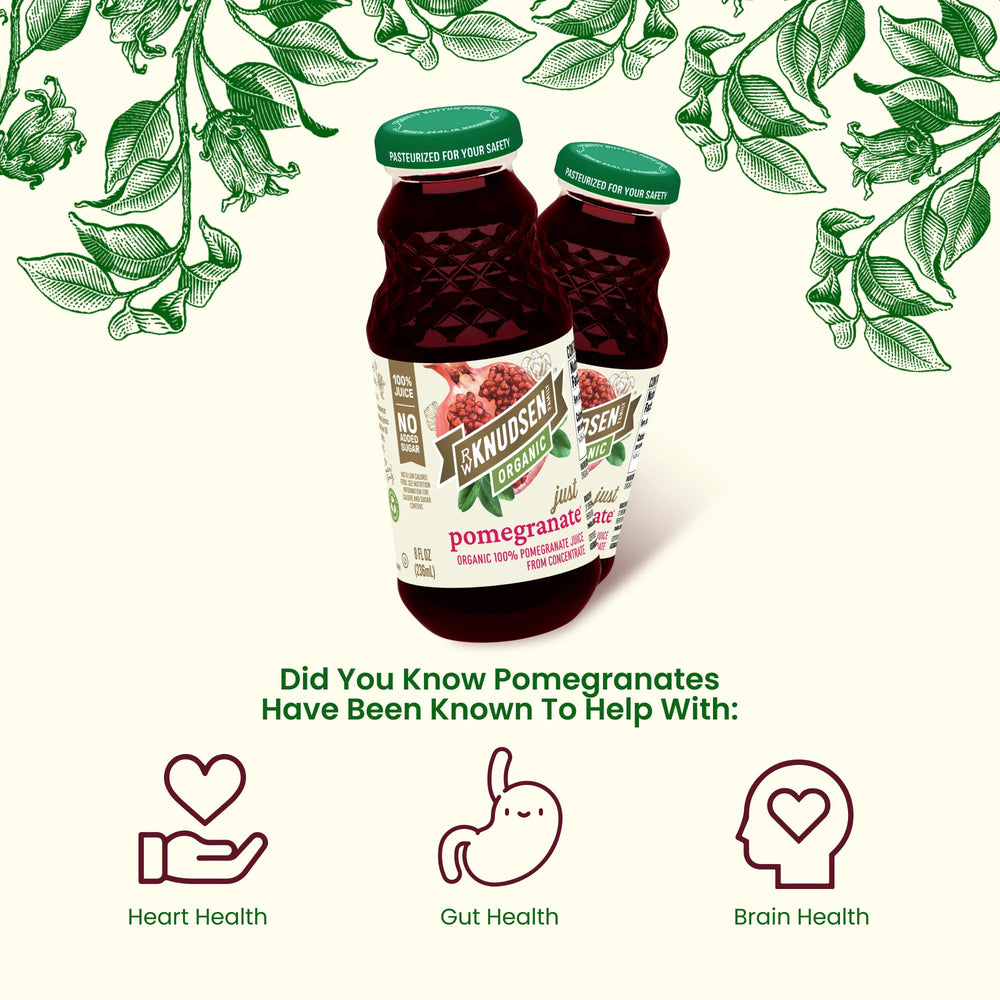 Close-up of the R.W. Knudsen Organic Pomegranate Juice label highlighting organic and Non-GMO claims.