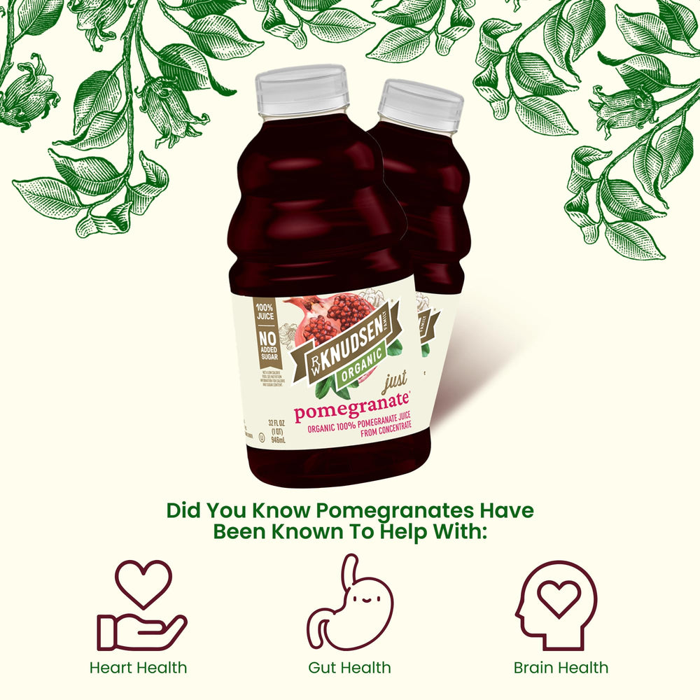 Pouring R.W. Knudsen Organic Pomegranate Juice into a glass.