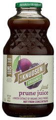 RW Knudsen Organic Prune Juice 32 oz bottle on countertop with no sugar added.