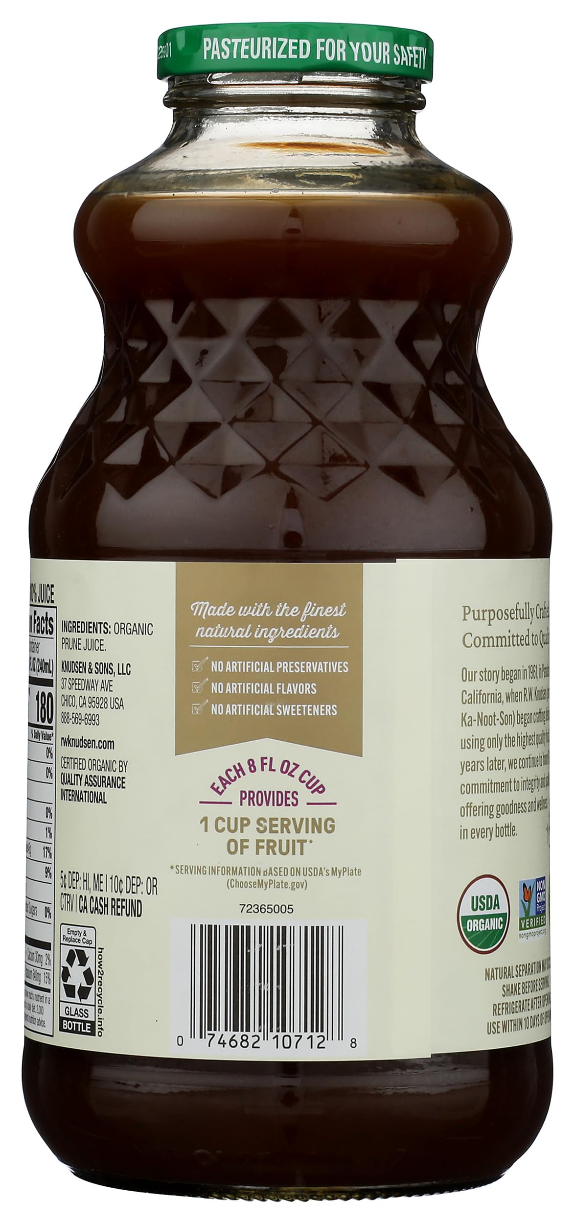 RW Knudsen Organic Prune Juice in a glass for a wholesome serving experience.