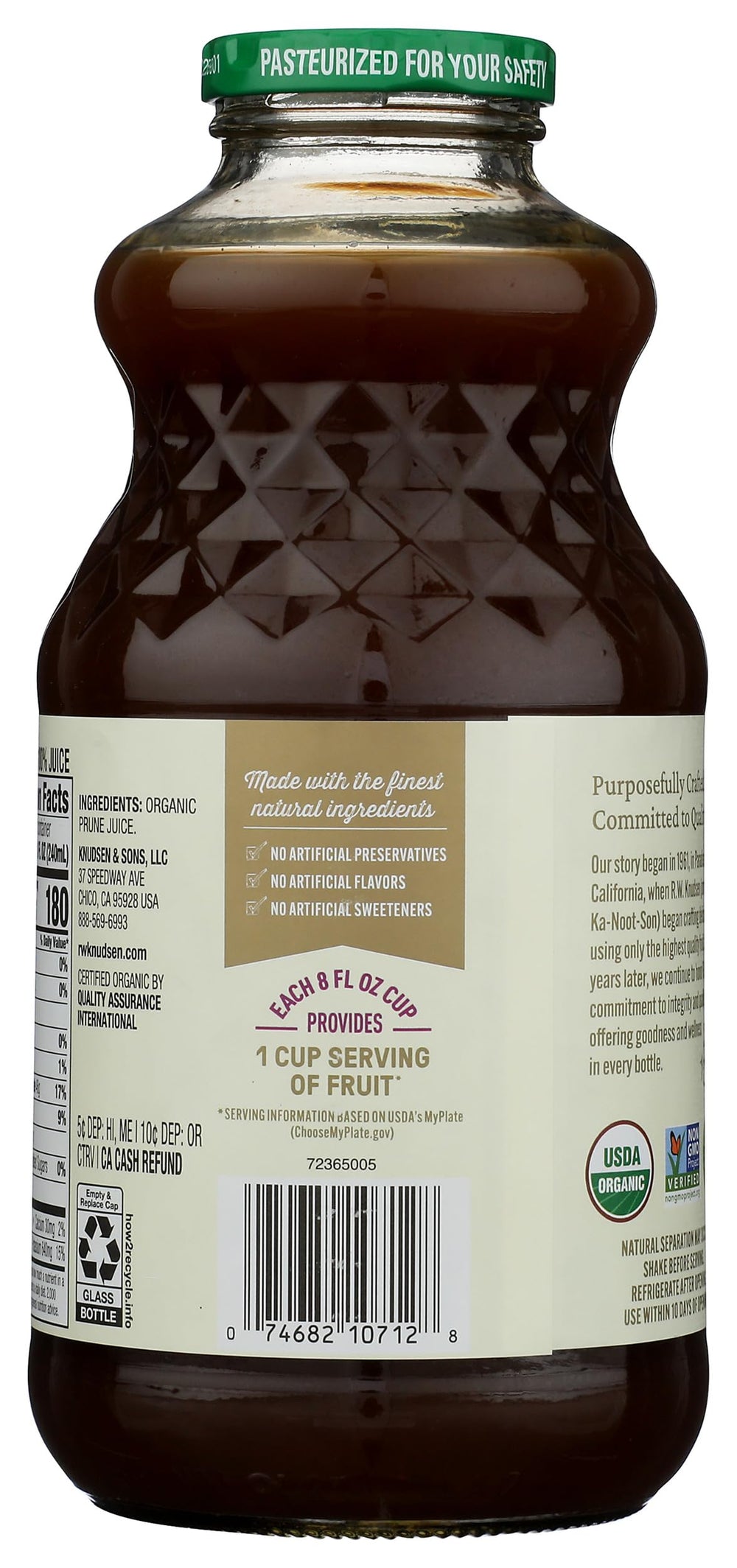 RW Knudsen Organic Prune Juice in a glass for a wholesome serving experience.
