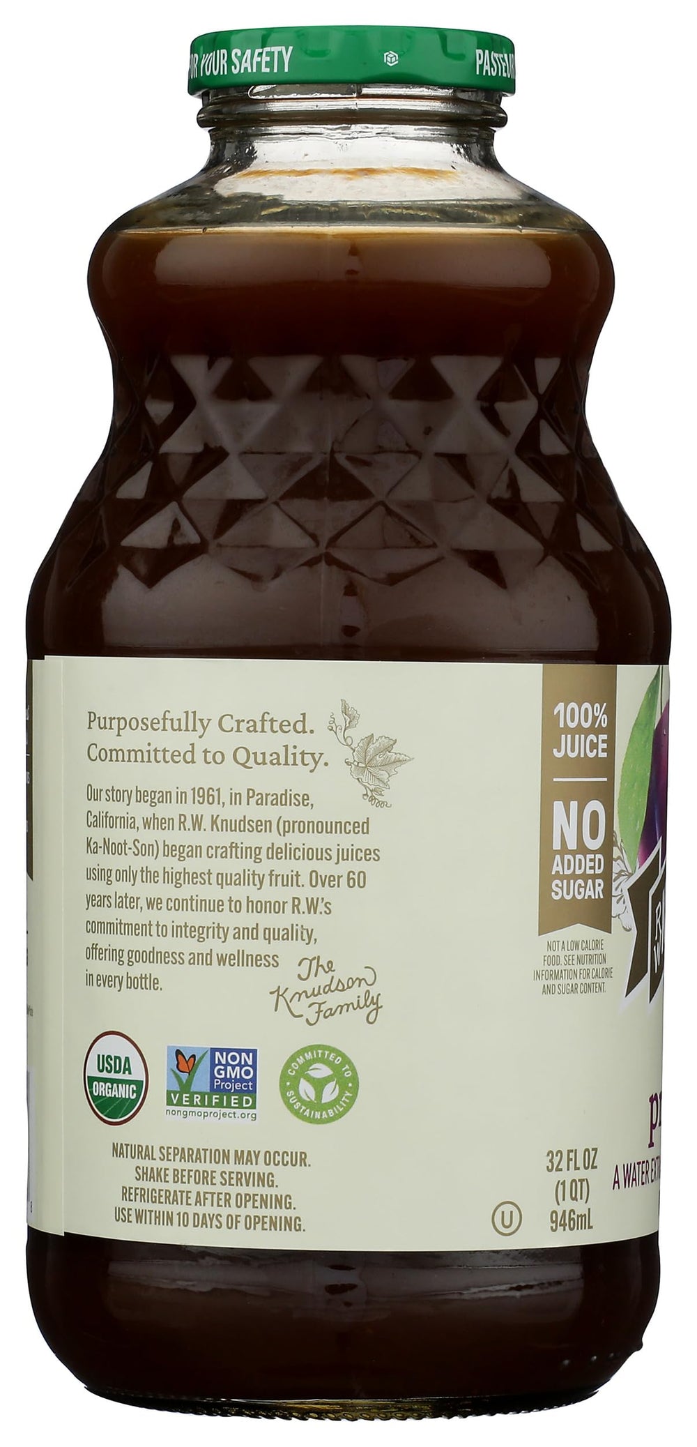RW Knudsen Organic Prune Juice on a kitchen counter ready to pour.