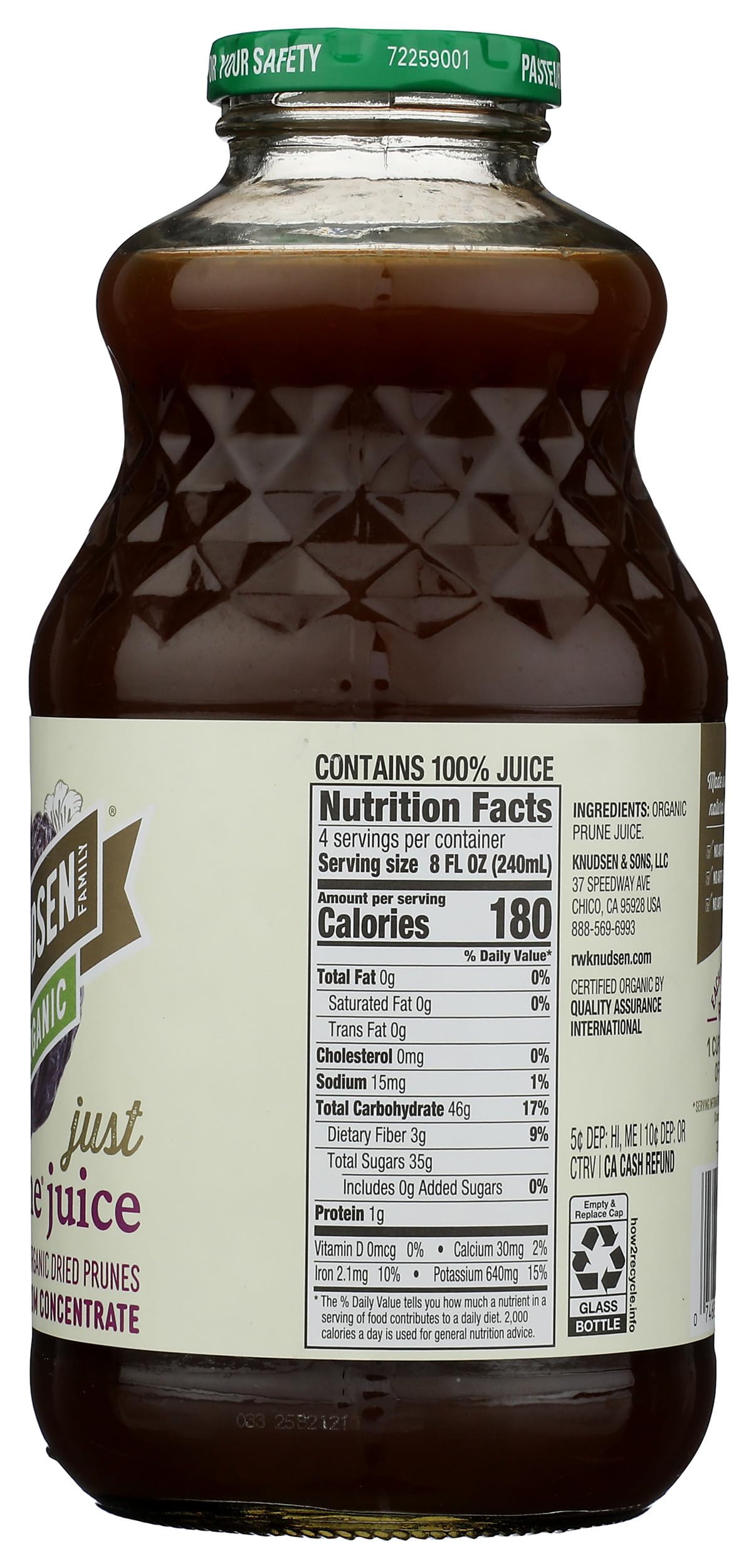 RW Knudsen Organic Prune Juice pouring into a glass, highlighting natural flavor.