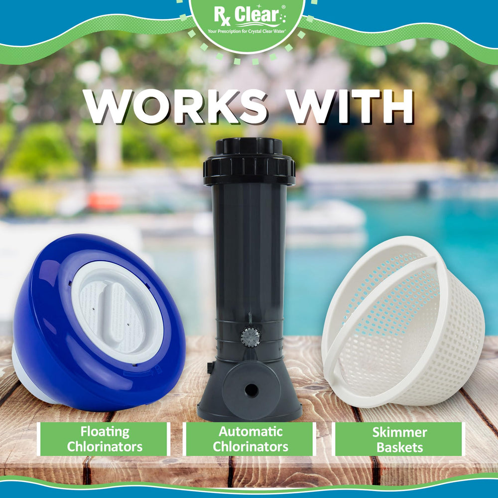 Rx Clear compatible with vinyl, tile, fiberglass, and gunite pool surfaces.