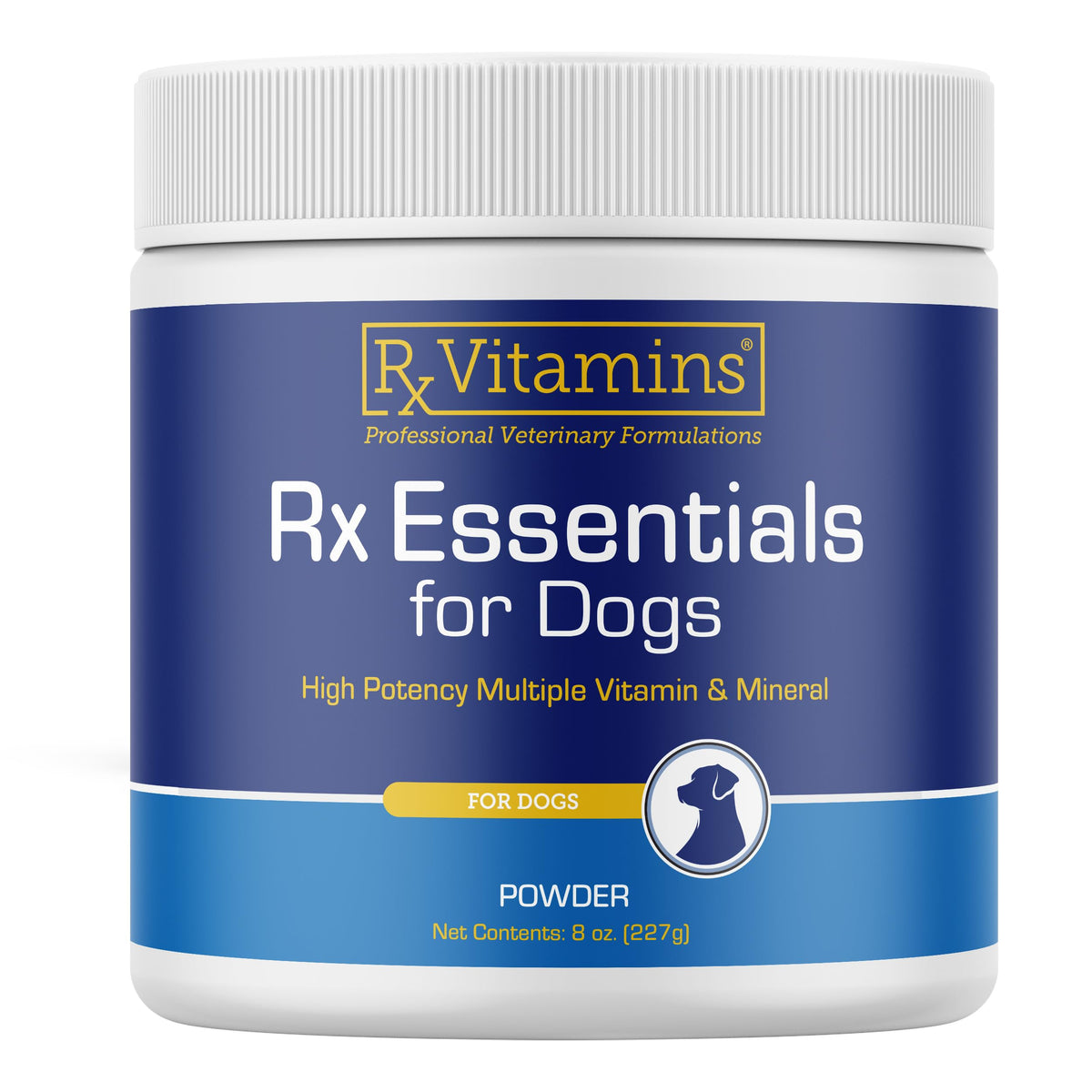 Rx Vitamins Essentials for Dogs blue spirulina powder on canister, supports daily nutrition