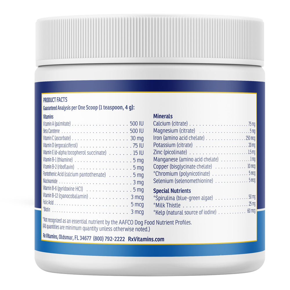 Rx Vitamins Essentials for Dogs dog food topper being mixed into meal