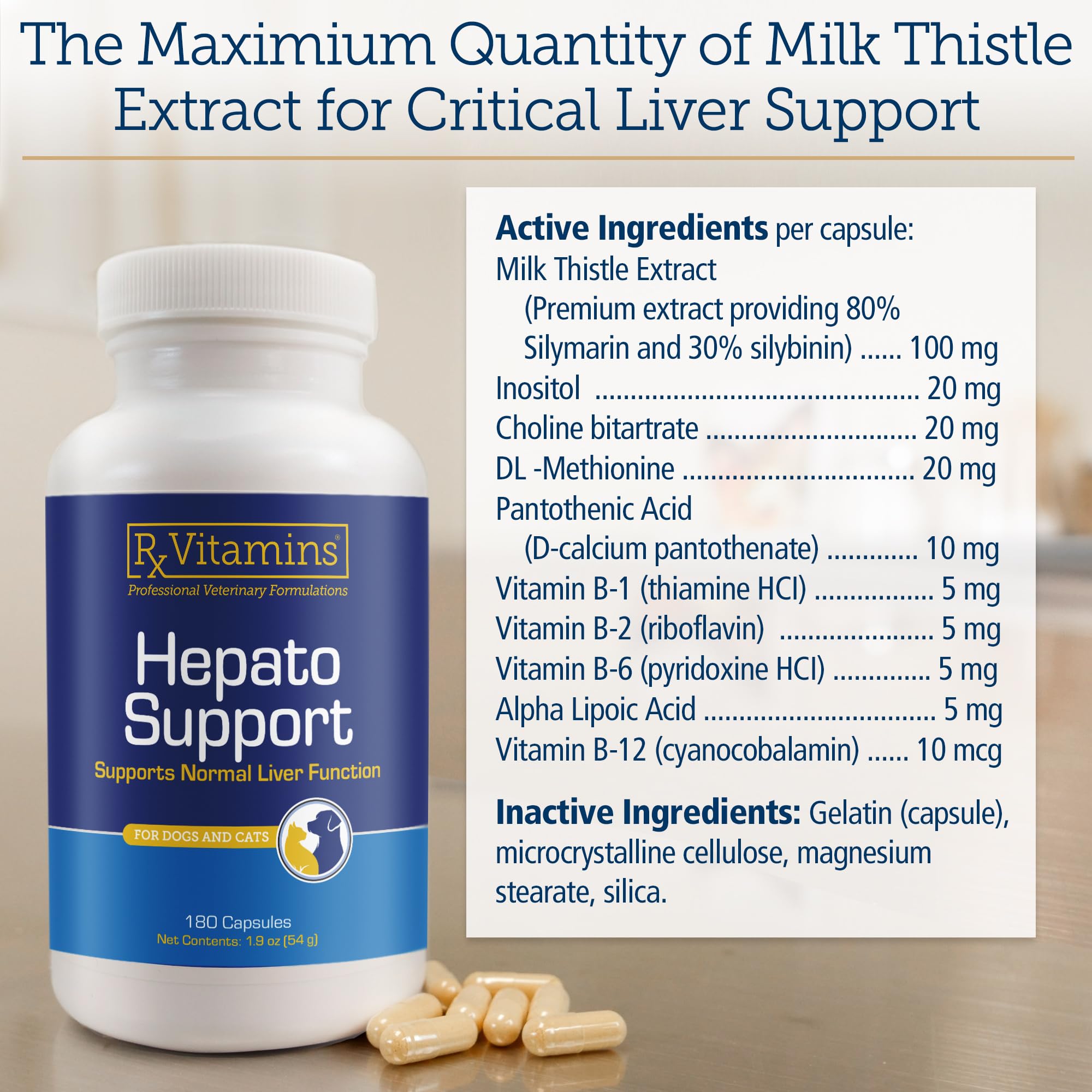 Rx Vitamins Hepato Support veterinarian-formulated blend underscores premium liver care for pets.
