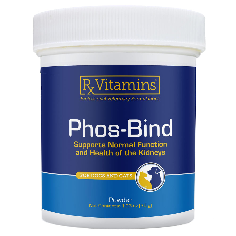 Rx Vitamins Phos-Bind powder packaging for easy kidney support supplementation.