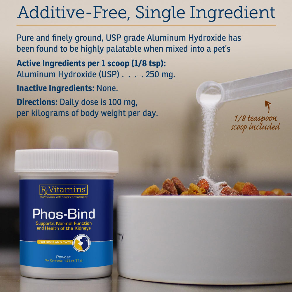 Rx Vitamins Phos-Bind powder in front of pet kibble illustrates convenient kidney care.