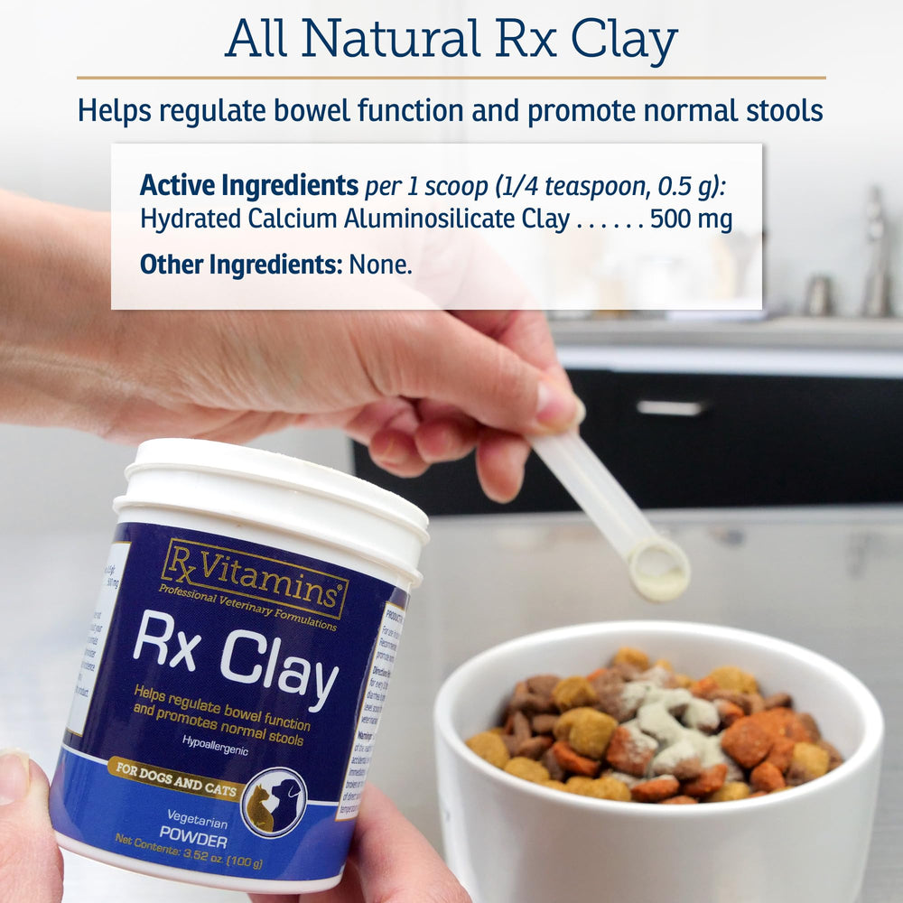 Rx Vitamins Rx Edible Clay Powder packaging displays natural detox option for pets