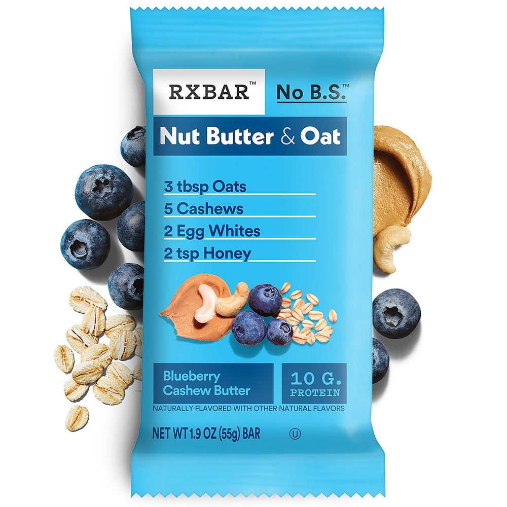 Blueberries and cashews visible in the RXBAR Nut Butter and Oat bar