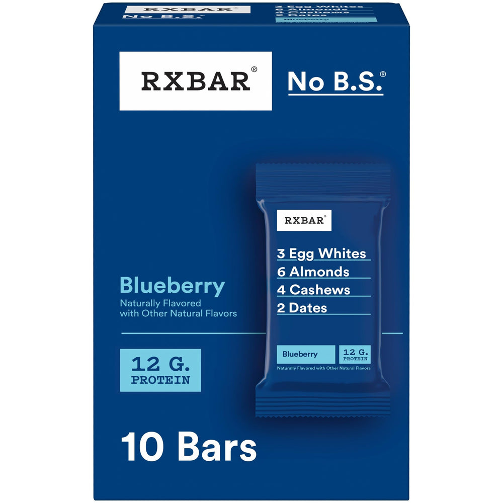 RXBAR Blueberry box front shows flavor and protein-packed snacking.