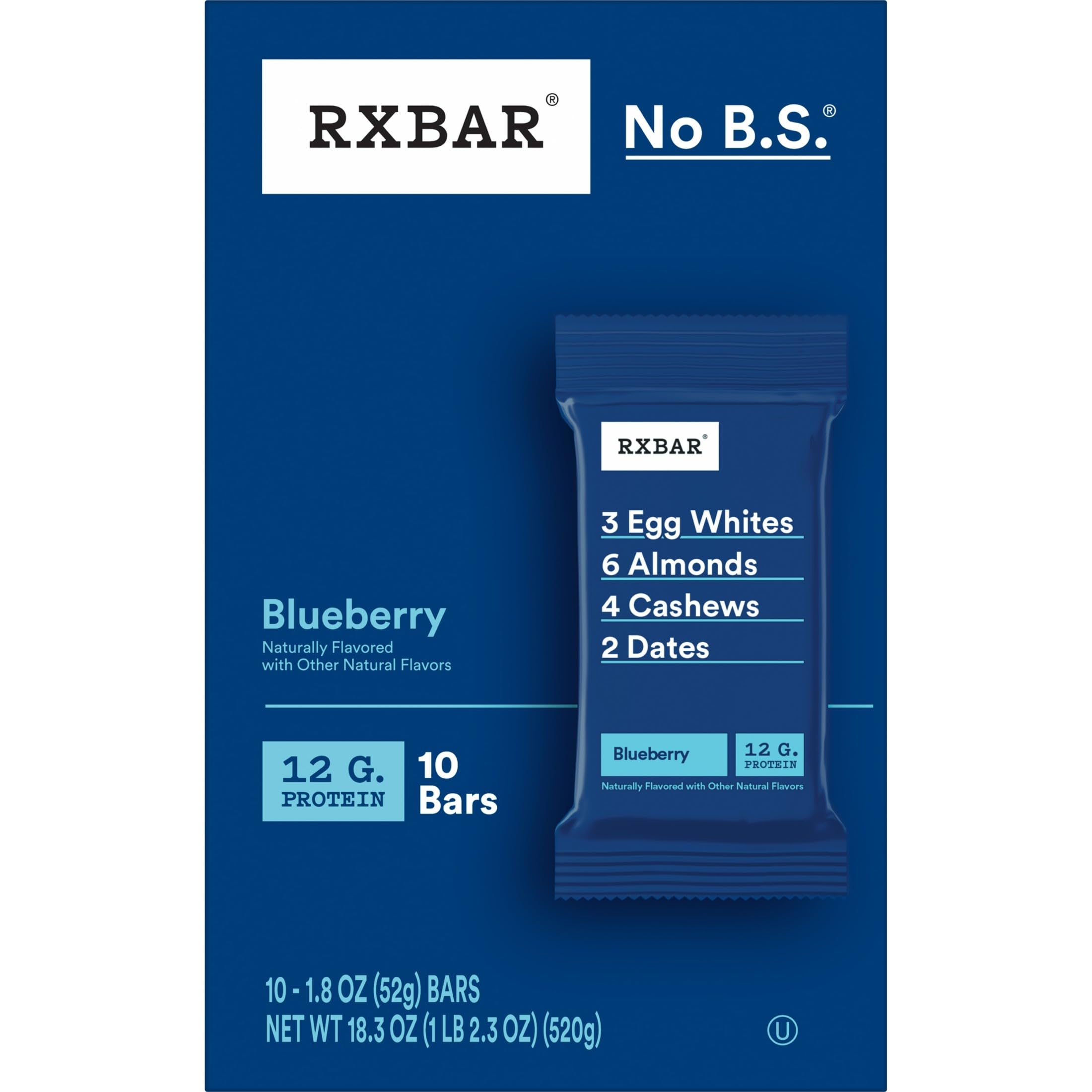 Breakfast table with coffee and a blueberry RXBAR.