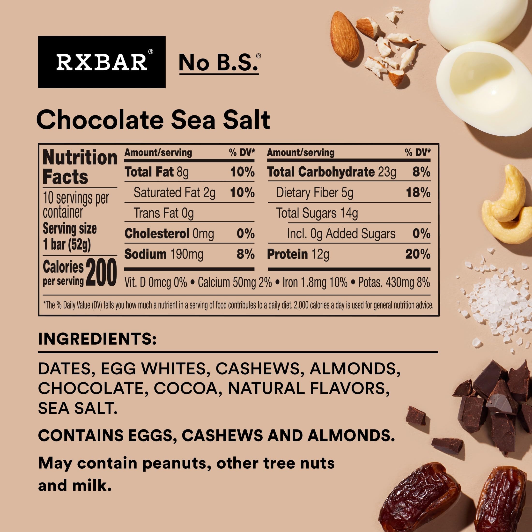 RXBAR Chocolate Sea Salt bar closeup showing chewy texture with almonds and dates