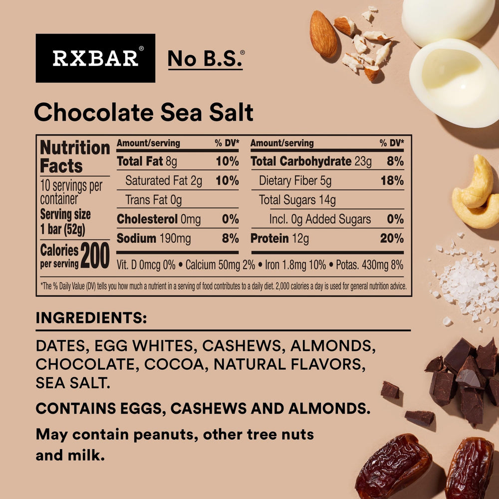 RXBAR Chocolate Sea Salt bar closeup showing chewy texture with almonds and dates