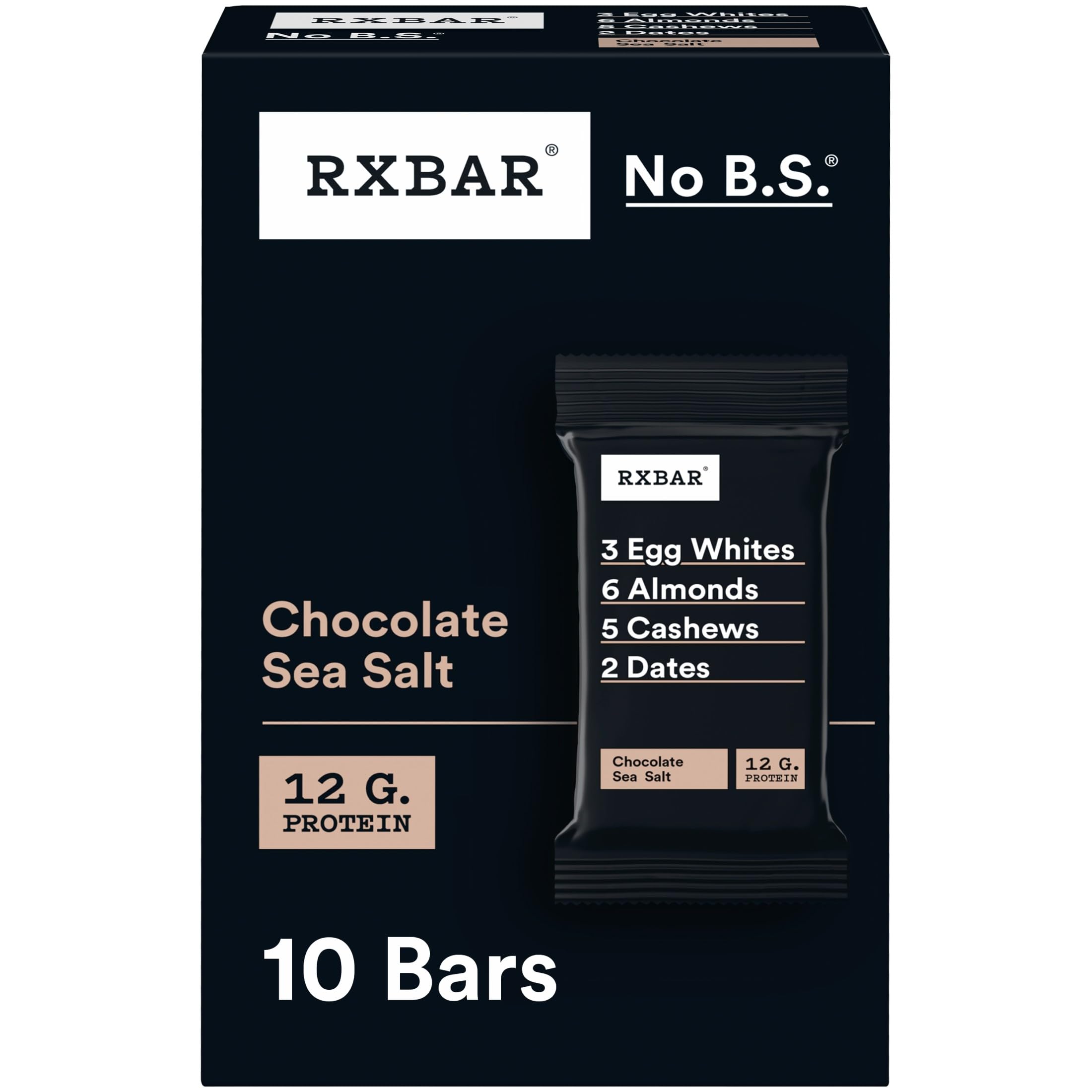 RXBAR Chocolate Sea Salt packshot highlighting simple real-food ingredients for on-the-go snacking