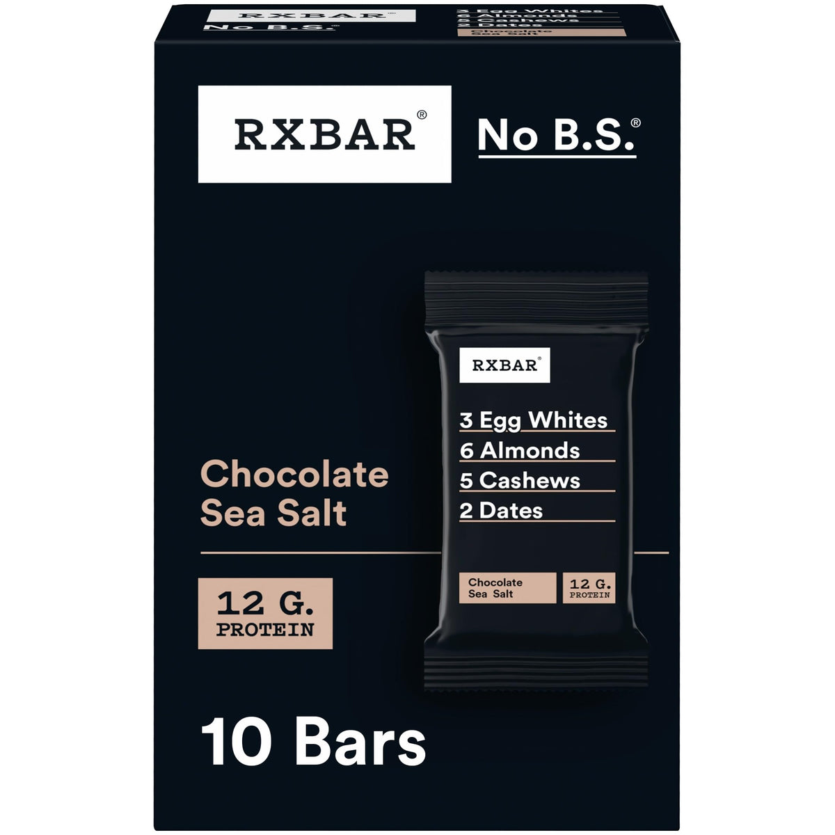 RXBAR Chocolate Sea Salt packshot highlighting simple real-food ingredients for on-the-go snacking