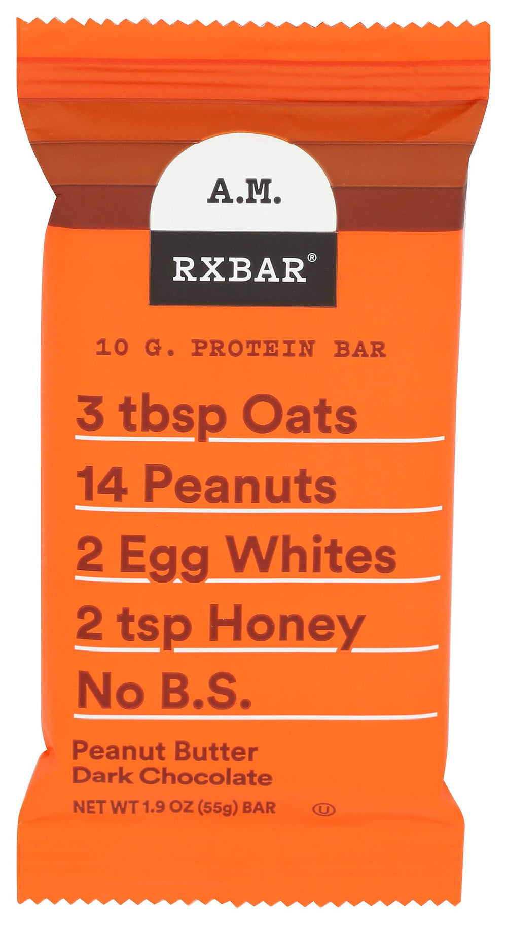 RXBAR Dark Chocolate Peanut Butter AM Bar front view, convenient morning snack.