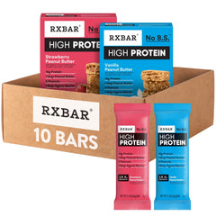 RXBAR High Protein Bar strawberry peanut butter wrapper closeup highlights natural ingredients for on-the-go fuel.