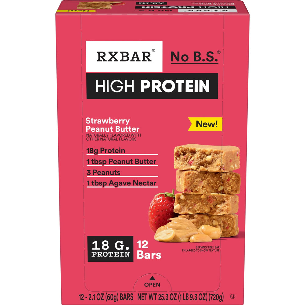 RXBAR High Protein Strawberry Peanut Butter bar pack shot showing on-the-go protein snack.