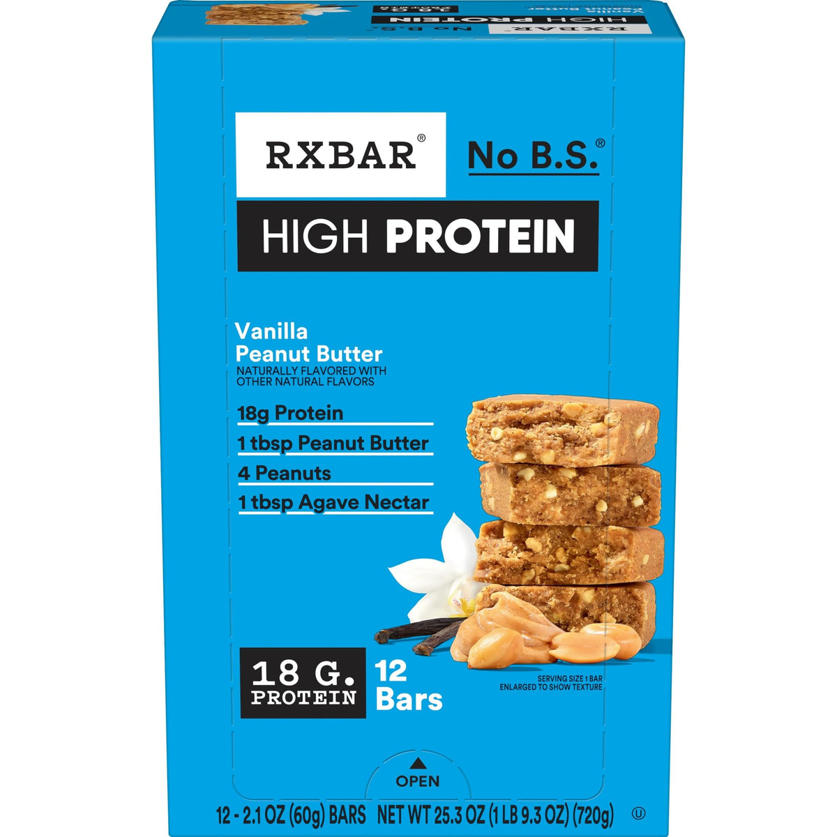 RXBAR High Protein Vanilla Peanut Butter bar in box for easy pantry storage