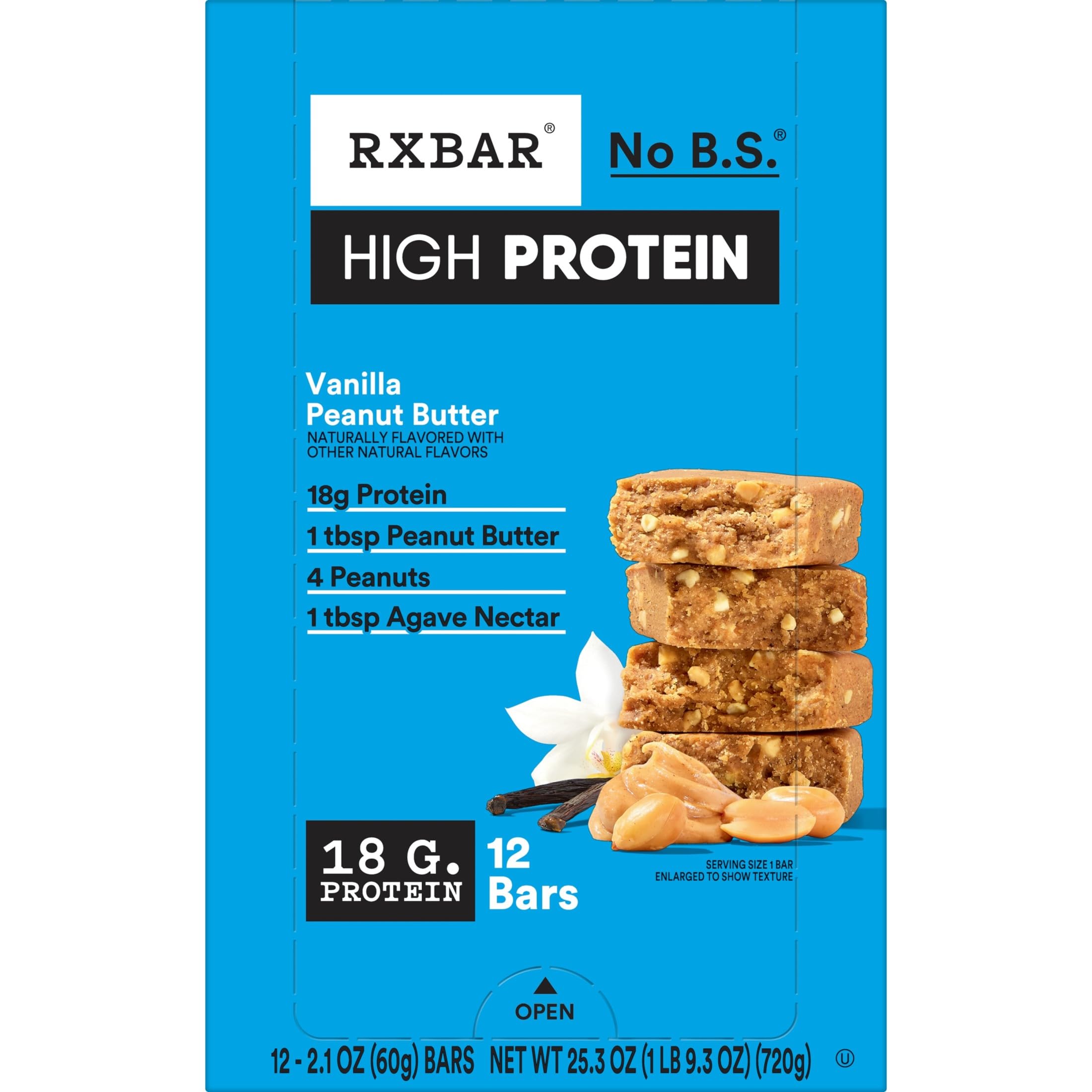 RXBAR High Protein Vanilla Peanut Butter bar pantry display in a kitchen