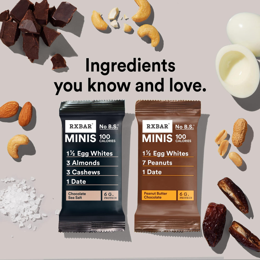 RXBAR Minis nuts and ingredients closeup highlighting real food.