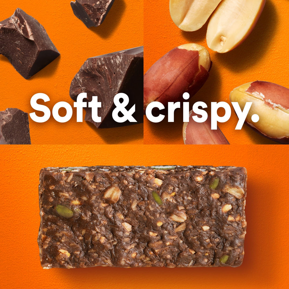 RXBAR close-up highlighting dark chocolate and creamy peanut butter for flavor and protein.