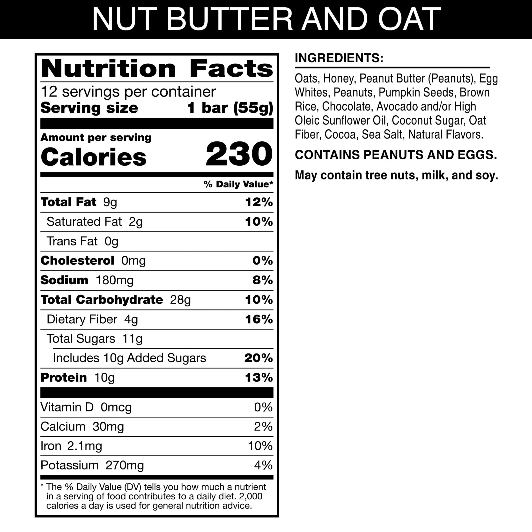 RXBAR Nut Butter and Oat bar cross-section revealing oats, peanuts, and dark chocolate for protein texture.