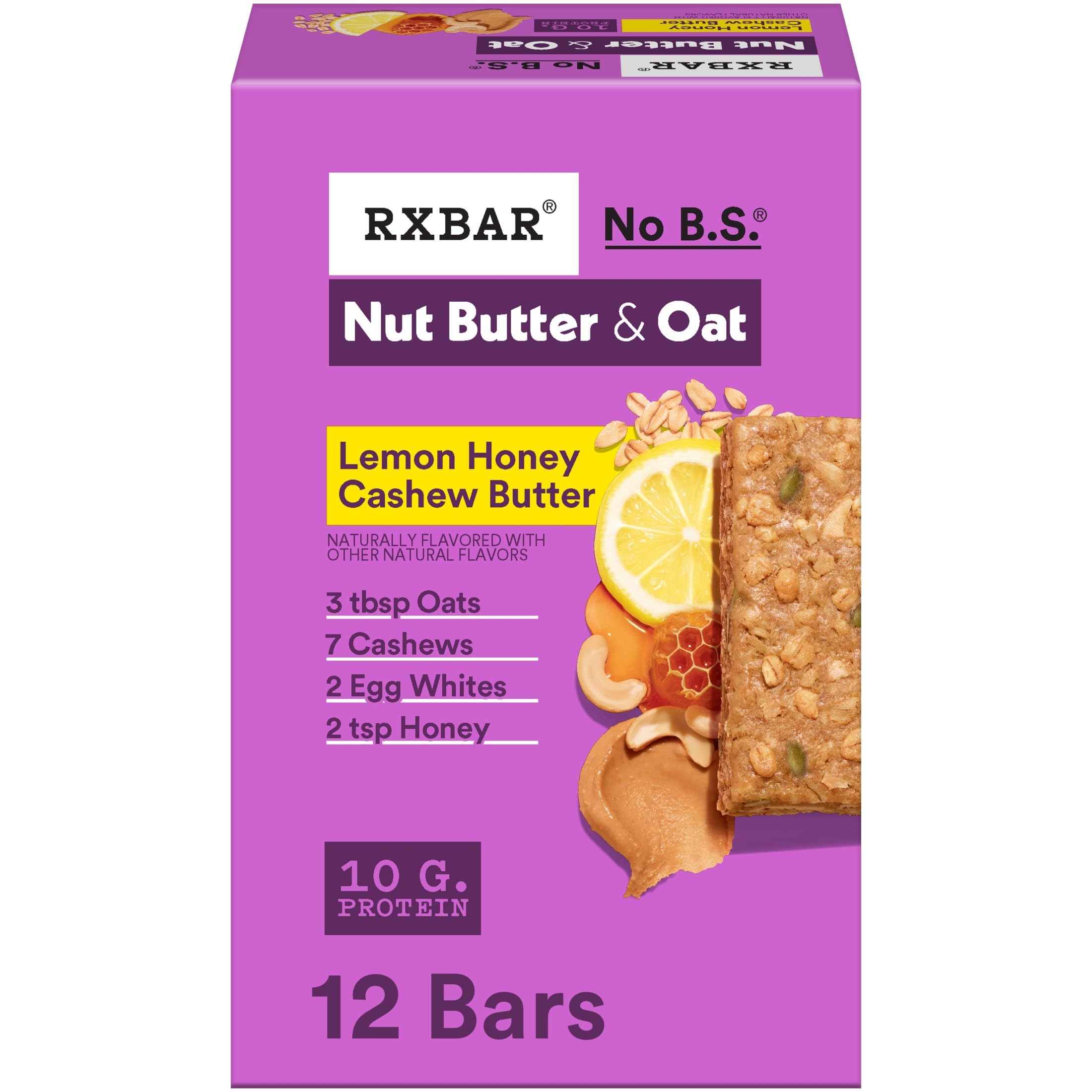 RXBAR Nut Butter and Oat Lemon Honey Cashew Butter box with twelve bars for snacks.
