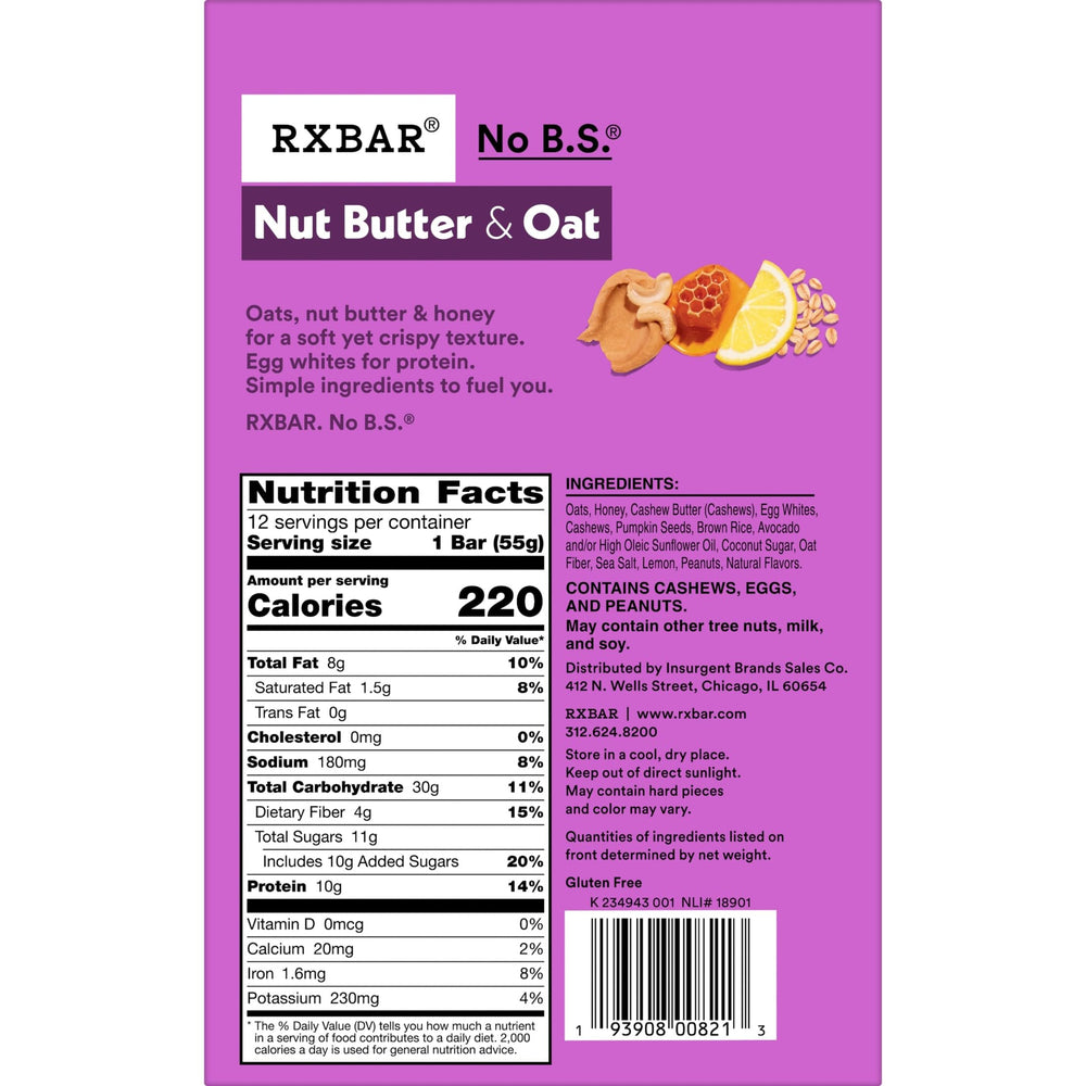 RXBAR ingredients: oats, honey, cashews, and egg whites.