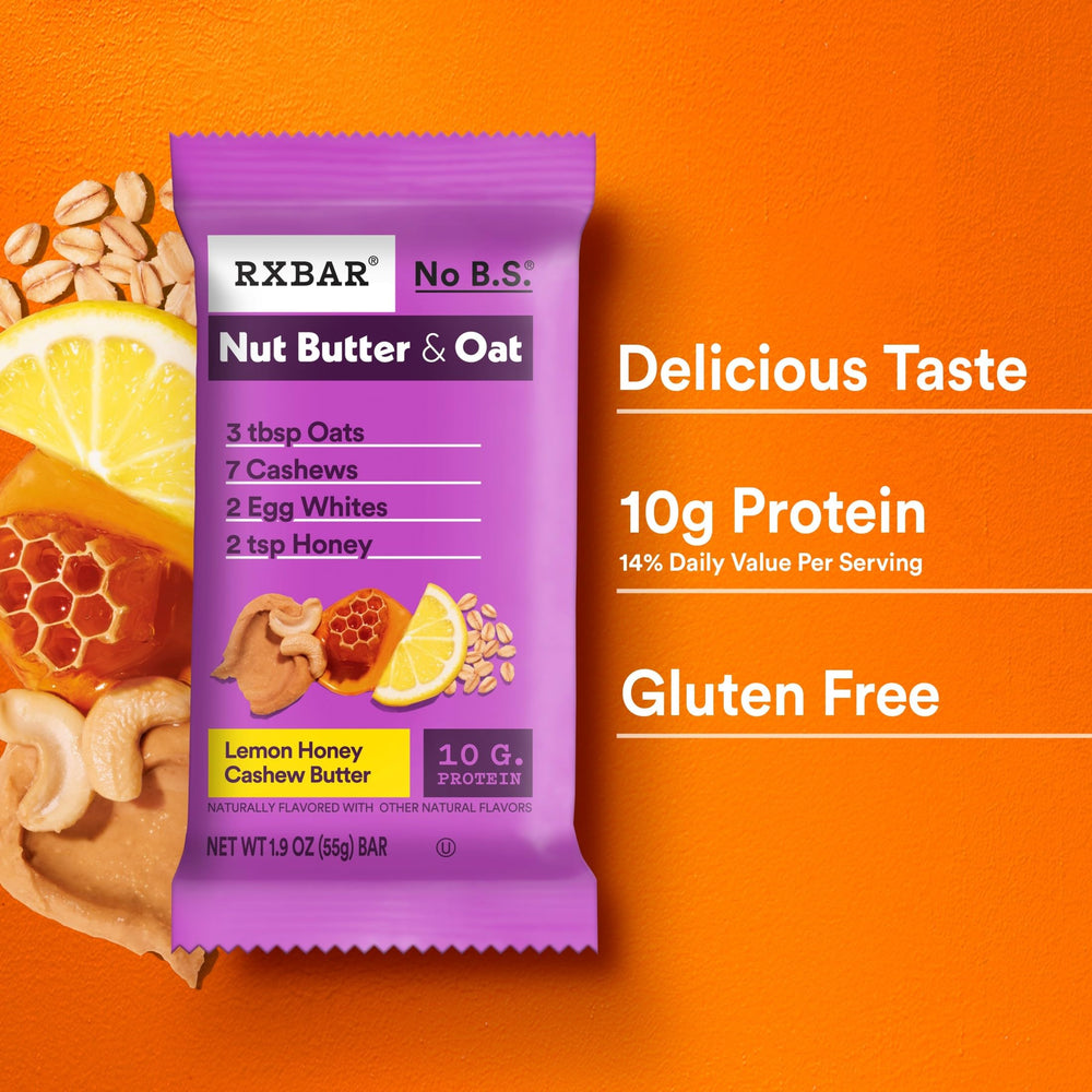 Soft-crisp RXBAR bite with creamy cashew butter.