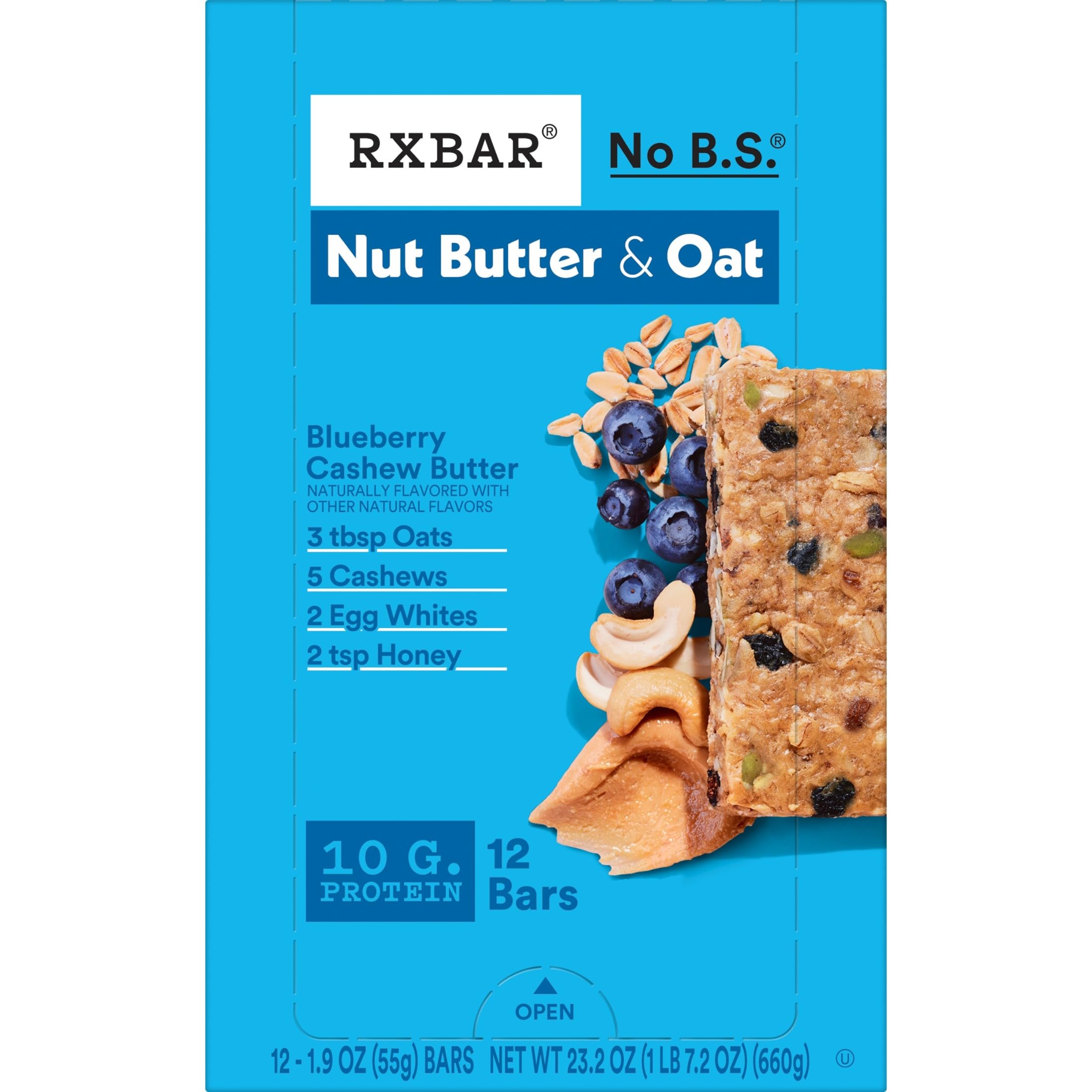Oats, honey, and cashews ingredients lineup from RXBAR Blueberry Cashew Butter