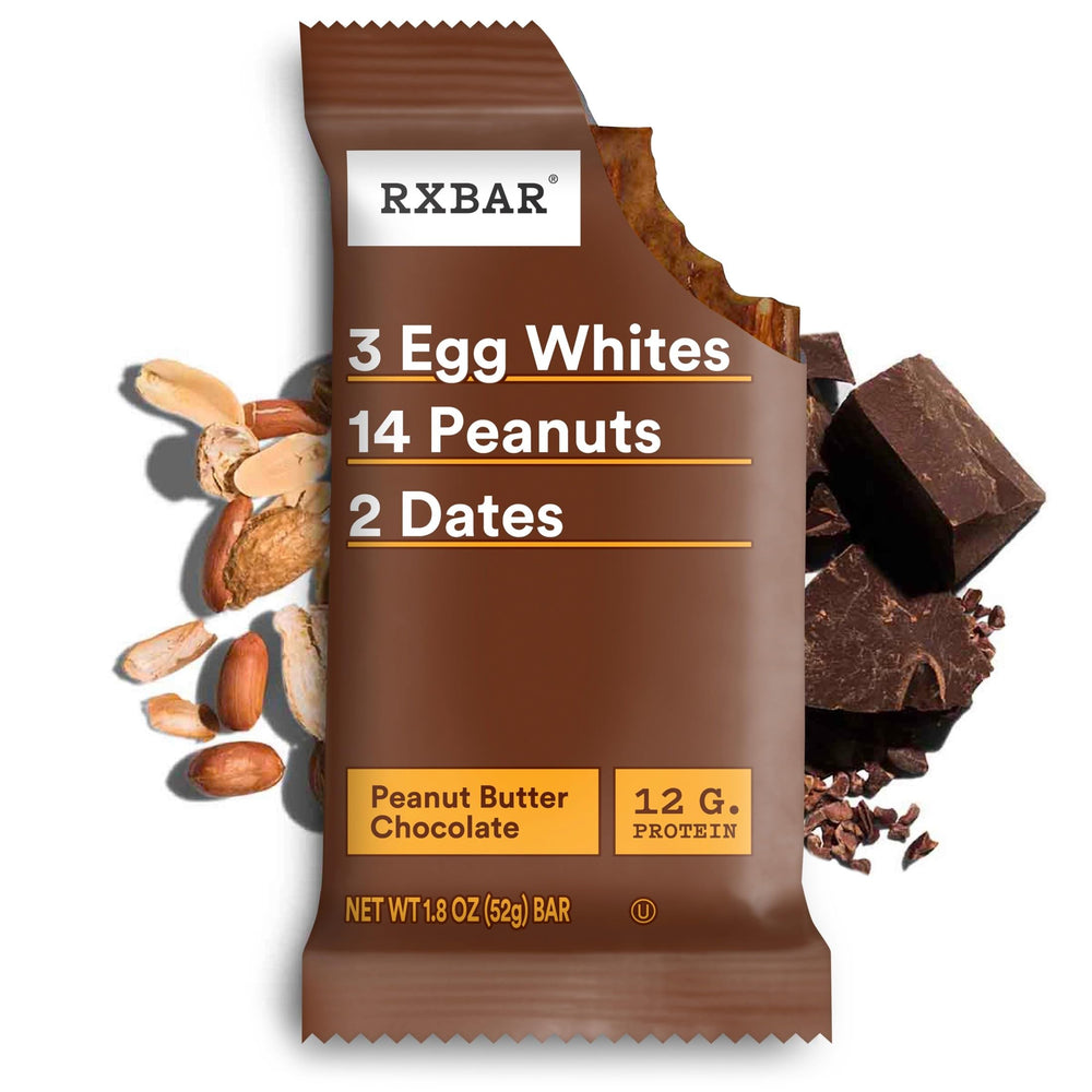 RXBAR Peanut Butter Chocolate box 18.3 oz highlights convenient packaging