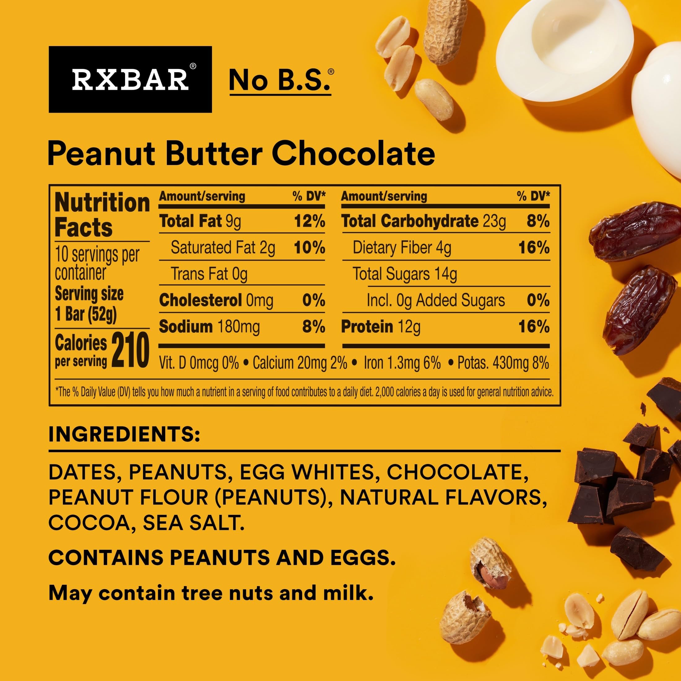 RXBAR Peanut Butter Chocolate packaging shows a 10-bar box