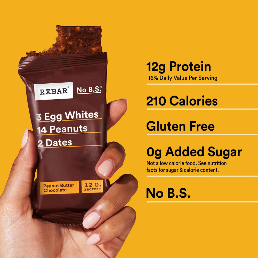 RXBAR Peanut Butter Chocolate bar with ten bars in the box