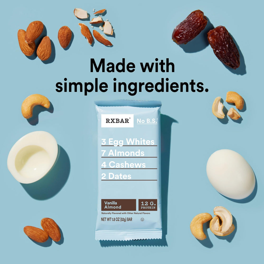 RXBAR Vanilla Almond Bars 12-bar box closeup, a convenient pantry-ready snack.